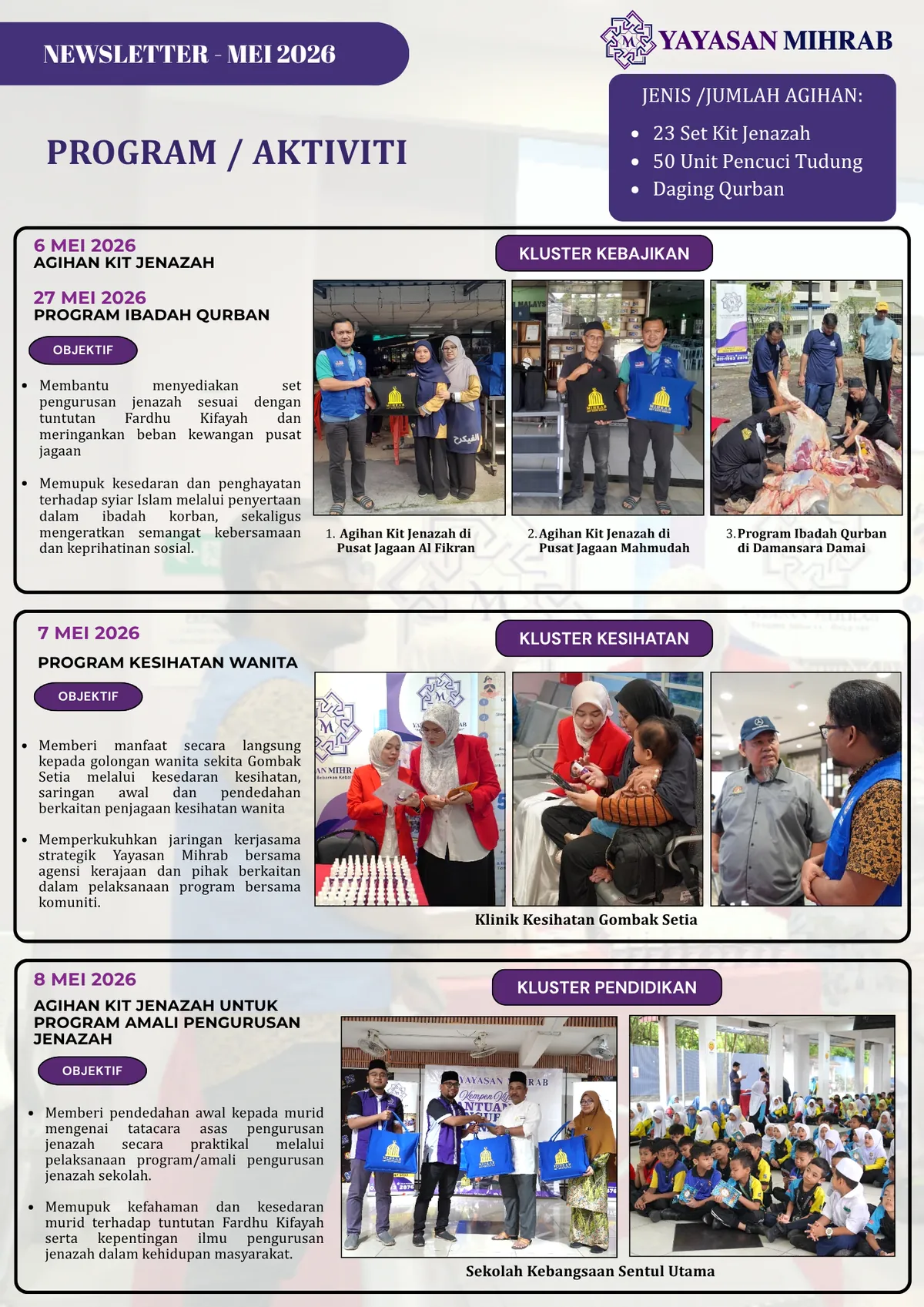 Poster Newsletter Mei 2026: Agihan Kit Jenazah, Ibadah Qurban dan Santunan Komuniti