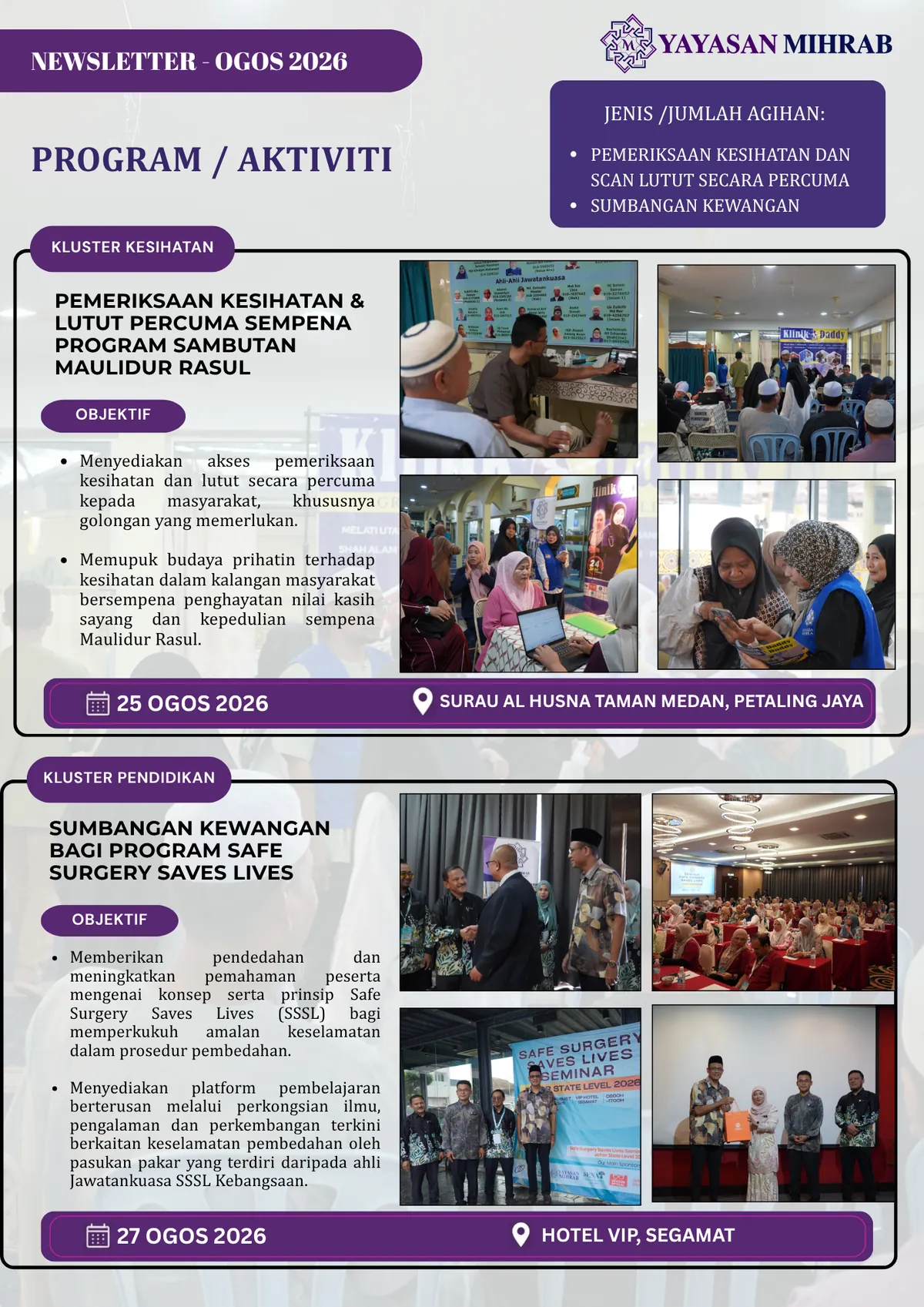 Poster Newsletter Ogos 2026: Pemeriksaan Kesihatan Percuma dan Sokongan Safe Surgery Saves Lives